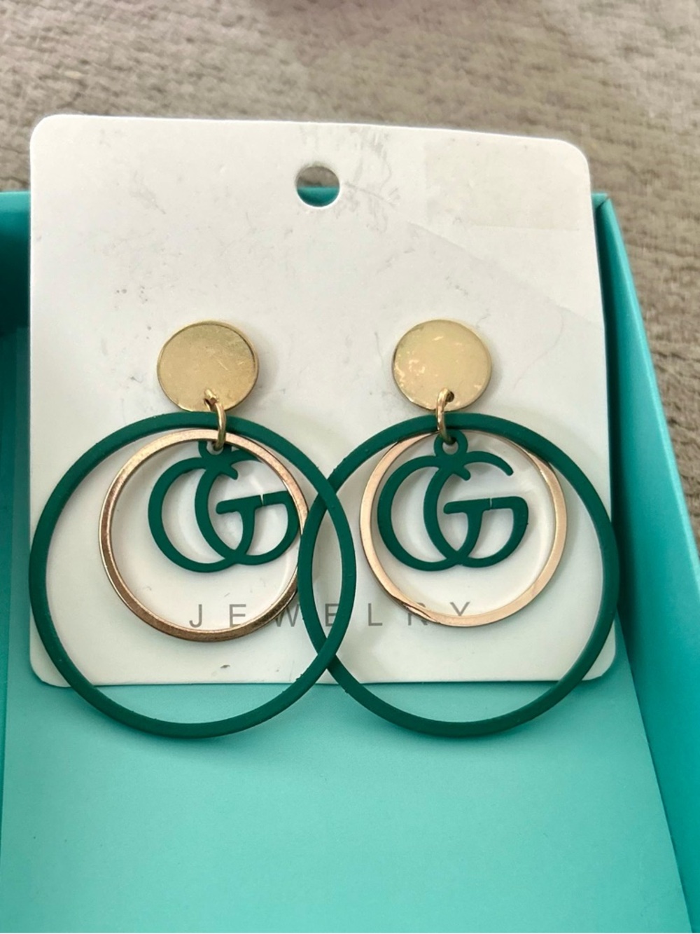 Green Double Hoop Post GG Drop Earrings - 18K Gold Tone